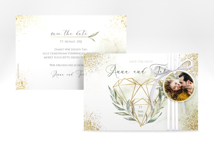 Save the Date-Karte Heartfelt A6 Karte quer weiss gold mit Diamanten im Geometric Design