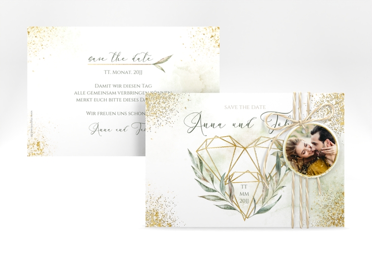 Save the Date-Karte Heartfelt A6 Karte quer weiss gold mit Diamanten im Geometric Design