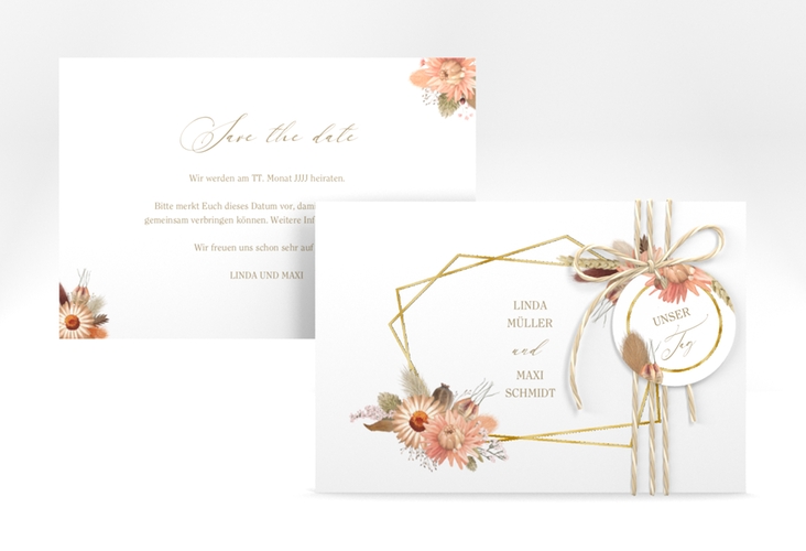 Save the Date-Karte Strohblume A6 Karte quer weiss gold
