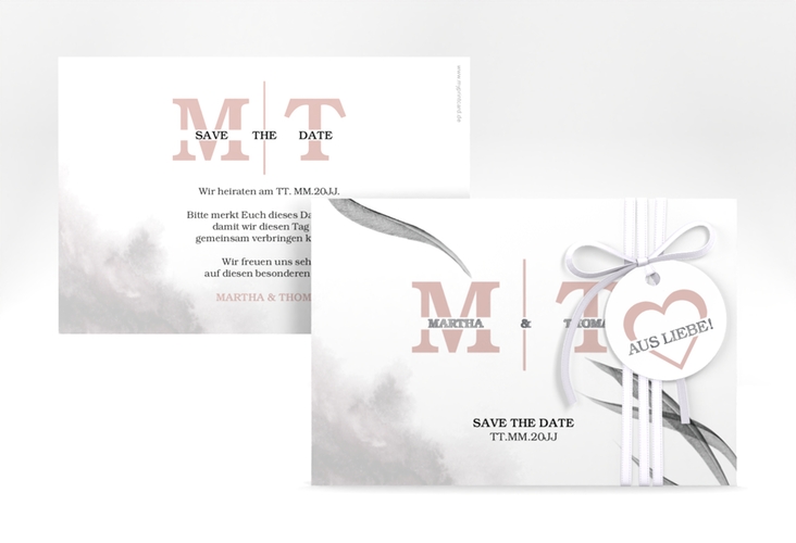 Save the Date-Karte Initialen A6 Karte quer weiss silber