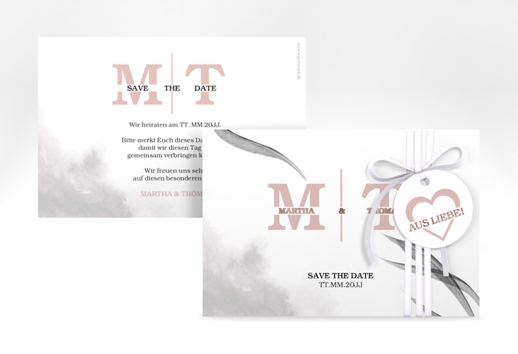 Save the Date-Karte Initialen A6 Karte quer weiss rosegold