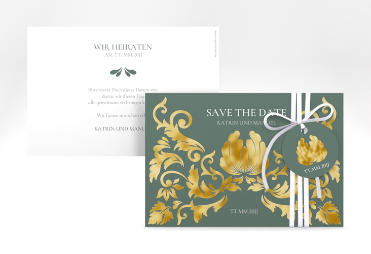 Save the Date-Karte Royal A6 Karte quer gruen gold mit barockem Blumen-Ornament
