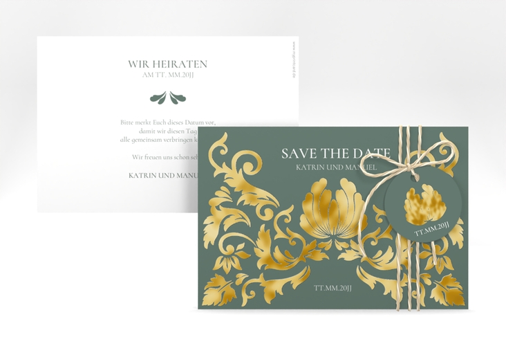 Save the Date-Karte Royal A6 Karte quer gruen gold mit barockem Blumen-Ornament