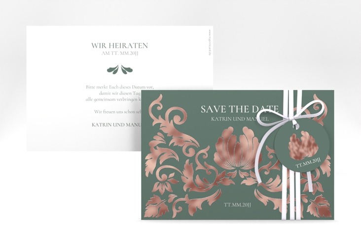 Save the Date-Karte Royal A6 Karte quer gruen rosegold mit barockem Blumen-Ornament