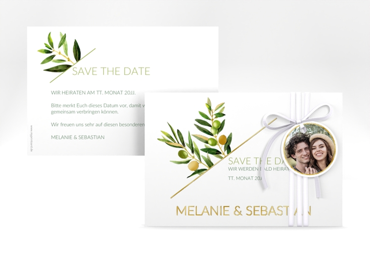 Save the Date-Karte Olivenzweig A6 Karte quer weiss gold