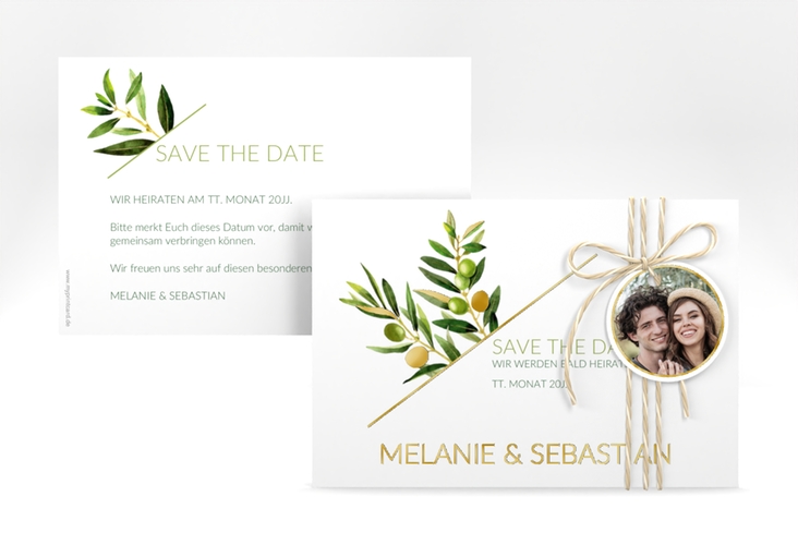 Save the Date-Karte Olivenzweig A6 Karte quer weiss gold