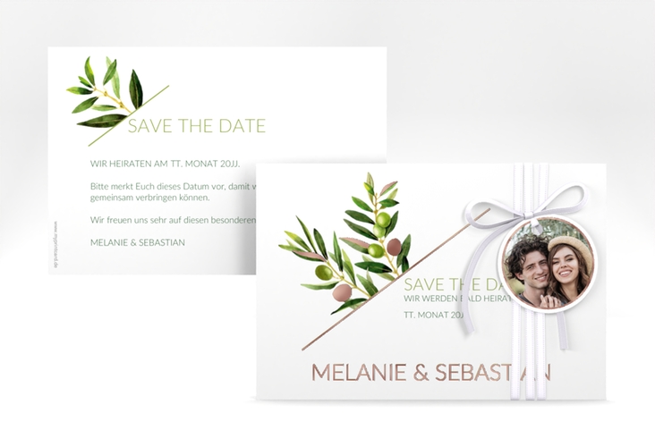 Save the Date-Karte Olivenzweig A6 Karte quer weiss rosegold