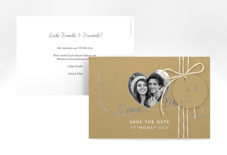 Save the Date-Karte Herzensbund A6 Karte quer weiss silber