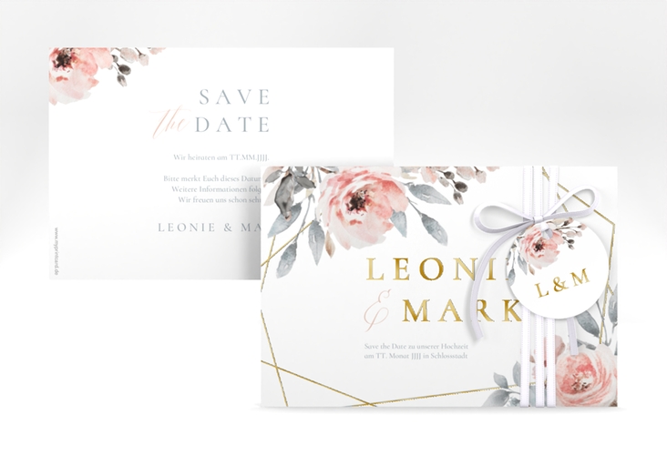 Save the Date-Karte Perfection A6 Karte quer weiss gold mit rosa Rosen