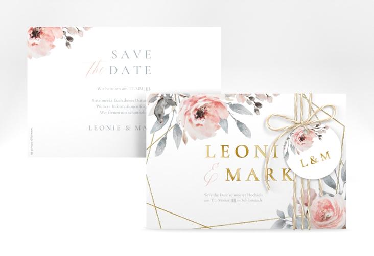 Save the Date-Karte Perfection A6 Karte quer weiss gold mit rosa Rosen