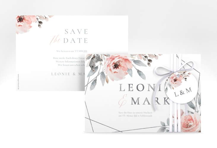 Save the Date-Karte Perfection A6 Karte quer weiss silber mit rosa Rosen