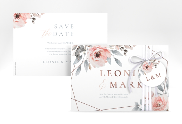 Save the Date-Karte Perfection A6 Karte quer weiss rosegold mit rosa Rosen