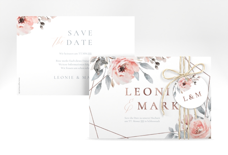 Save the Date-Karte Perfection A6 Karte quer weiss rosegold mit rosa Rosen
