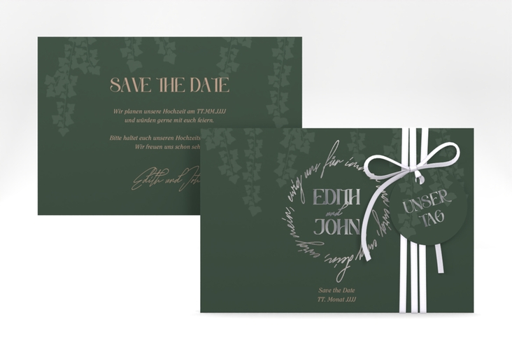 Save the Date-Karte Efeugrün A6 Karte quer gruen silber im Fantasy-Elfen-Design mit Efeu