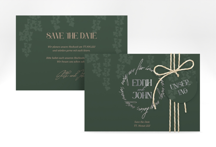 Save the Date-Karte Efeugrün A6 Karte quer gruen silber im Fantasy-Elfen-Design mit Efeu