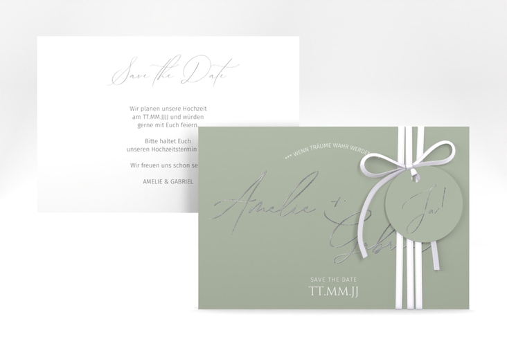 Save the Date-Karte Federschrift A6 Karte quer gruen silber in schlichtem Design mit Kalligrafie
