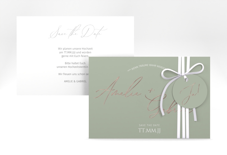Save the Date-Karte Federschrift A6 Karte quer gruen rosegold in schlichtem Design mit Kalligrafie