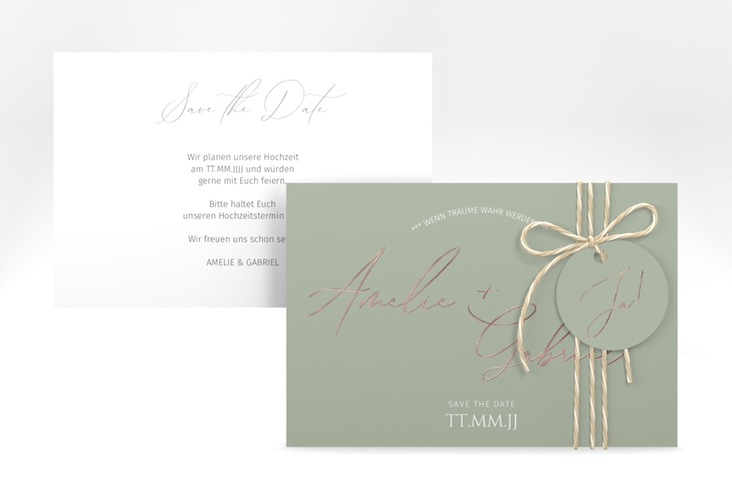 Save the Date-Karte Federschrift A6 Karte quer gruen rosegold in schlichtem Design mit Kalligrafie