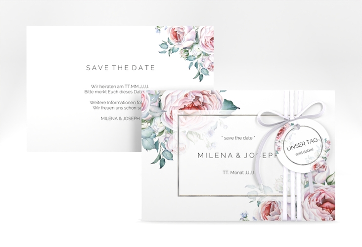 Save the Date-Karte Embrace A6 Karte quer weiss silber
