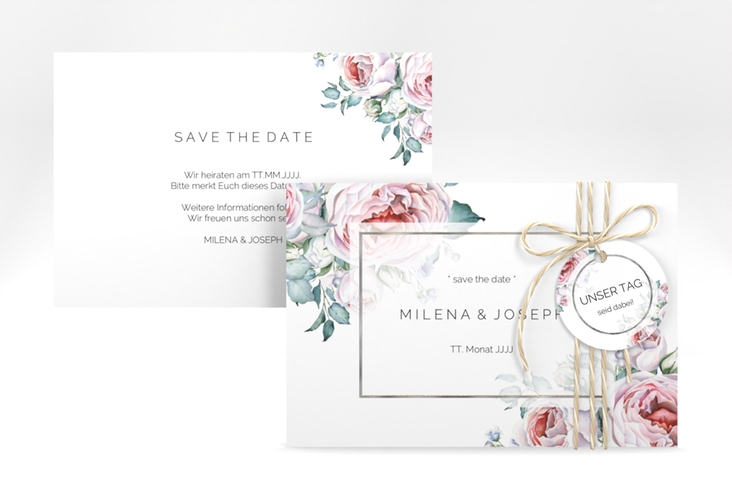 Save the Date-Karte Embrace A6 Karte quer weiss silber