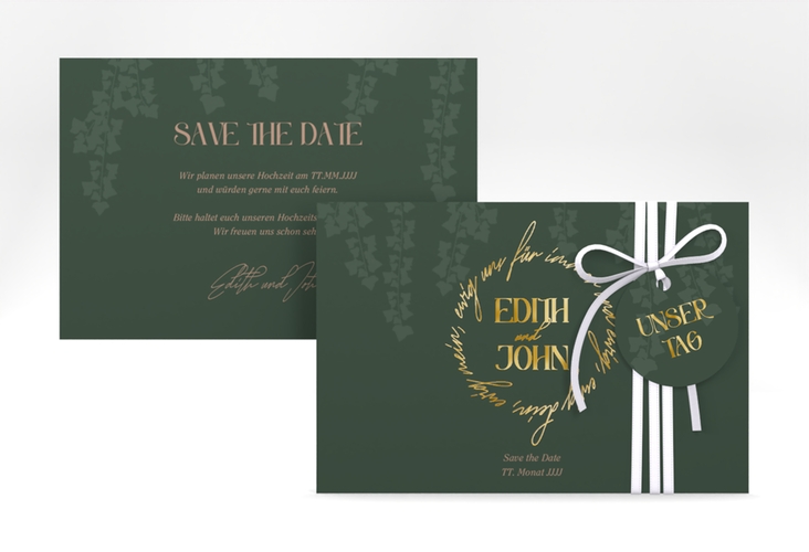 Save the Date-Karte Efeugrün A6 Karte quer gruen gold im Fantasy-Elfen-Design mit Efeu