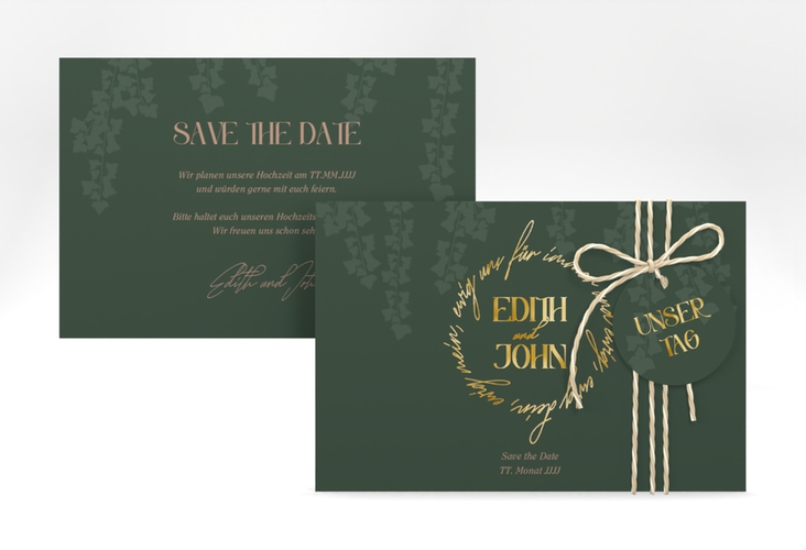 Save the Date-Karte Efeugrün A6 Karte quer gruen gold im Fantasy-Elfen-Design mit Efeu