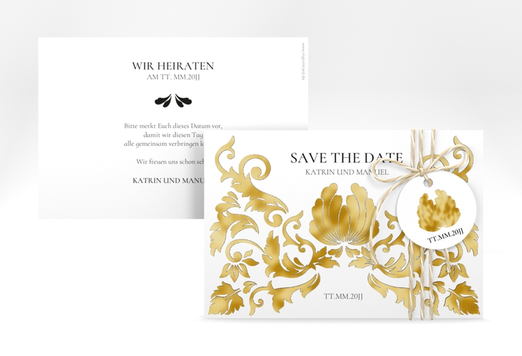 Save the Date-Karte Royal A6 Karte quer weiss gold mit barockem Blumen-Ornament