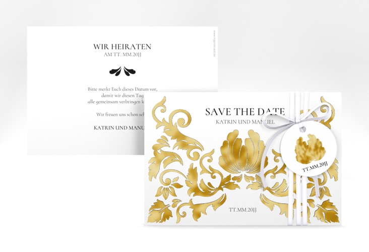 Save the Date-Karte Royal A6 Karte quer weiss gold mit barockem Blumen-Ornament
