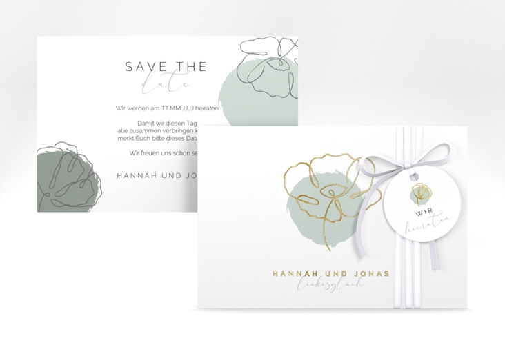 Save the Date-Karte Flowerline A6 Karte quer gruen gold