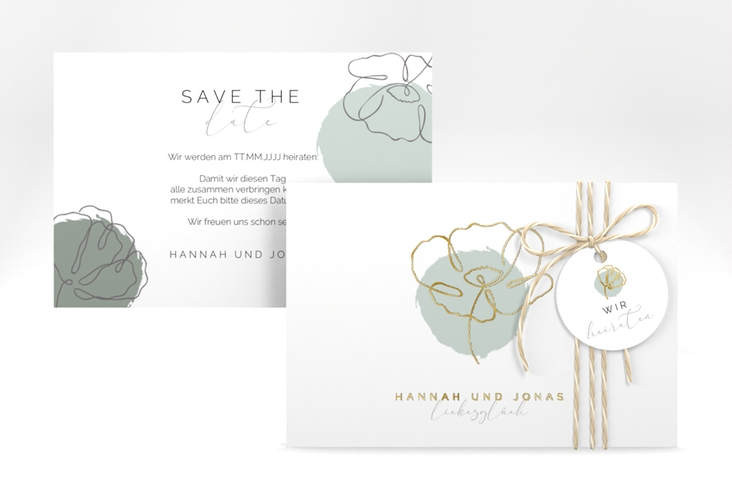 Save the Date-Karte Flowerline A6 Karte quer gruen gold