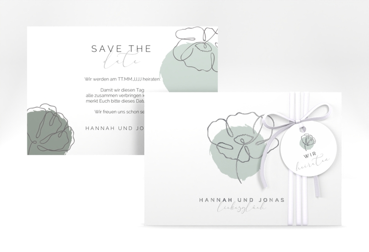 Save the Date-Karte Flowerline A6 Karte quer gruen silber