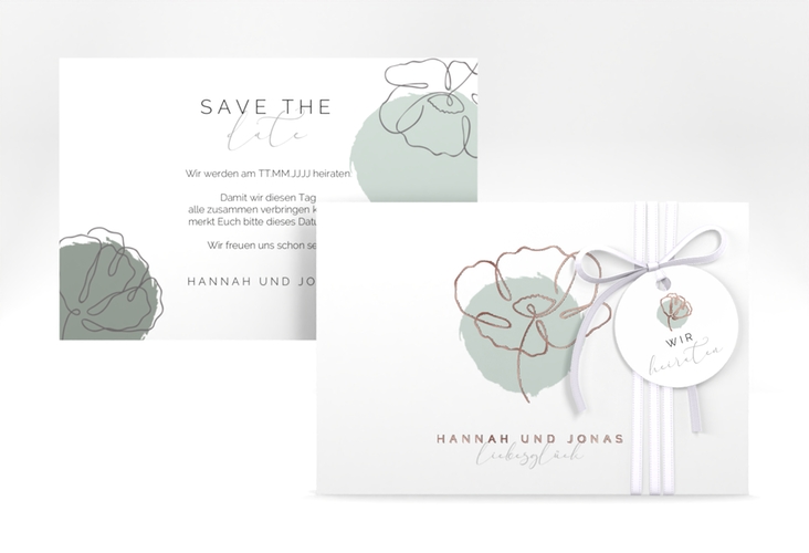 Save the Date-Karte Flowerline A6 Karte quer gruen rosegold