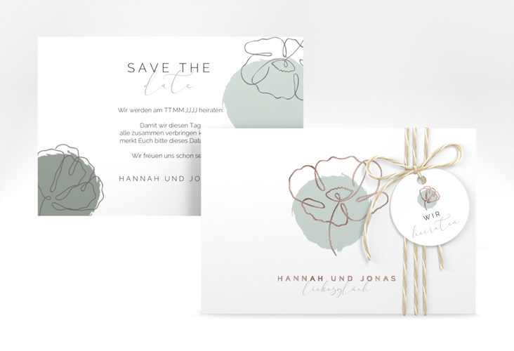 Save the Date-Karte Flowerline A6 Karte quer gruen rosegold