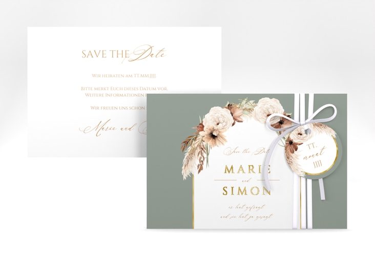 Save the Date-Karte Blumenbogen A6 Karte quer gruen gold