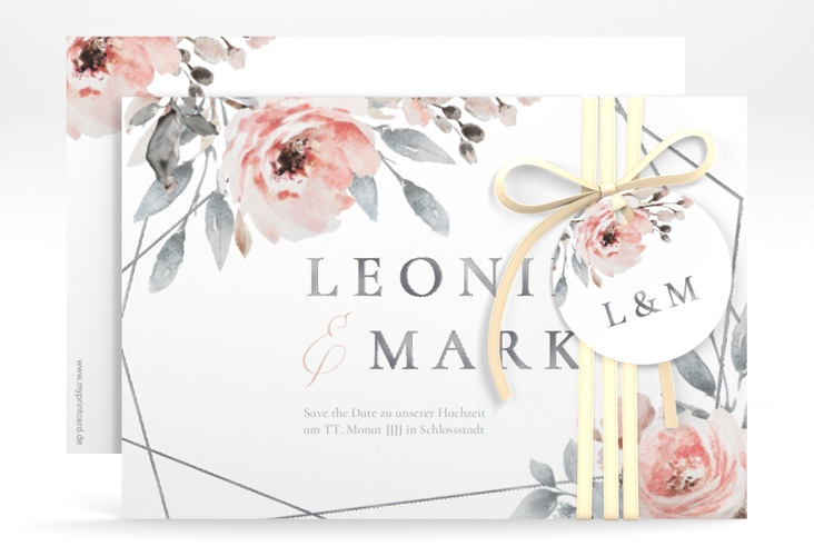 Save the Date-Karte Perfection A6 Karte quer weiss silber mit rosa Rosen