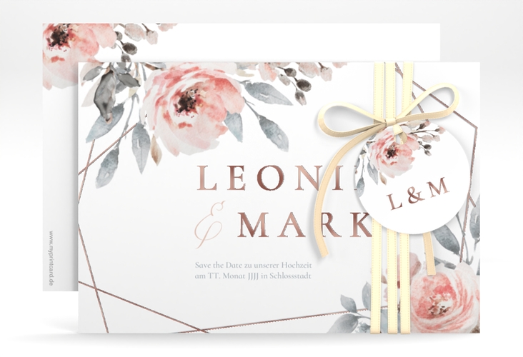 Save the Date-Karte Perfection A6 Karte quer weiss rosegold mit rosa Rosen