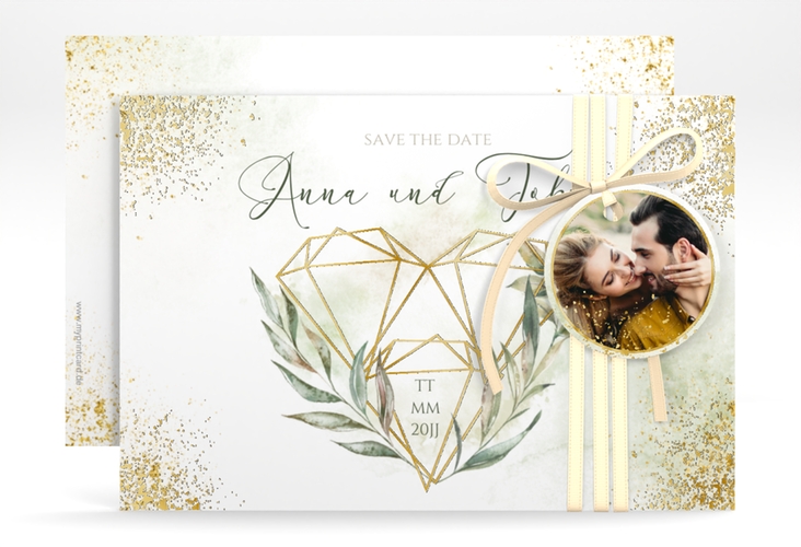 Save the Date-Karte Heartfelt A6 Karte quer weiss gold mit Diamanten im Geometric Design
