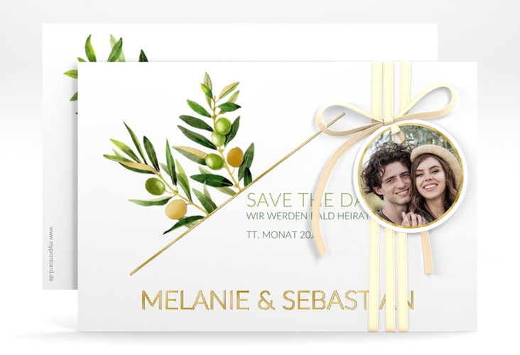 Save the Date-Karte Olivenzweig A6 Karte quer weiss gold