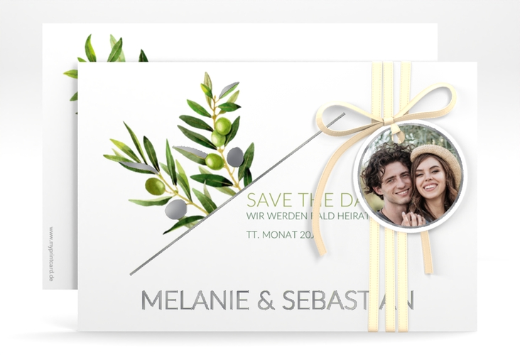 Save the Date-Karte Olivenzweig A6 Karte quer weiss silber