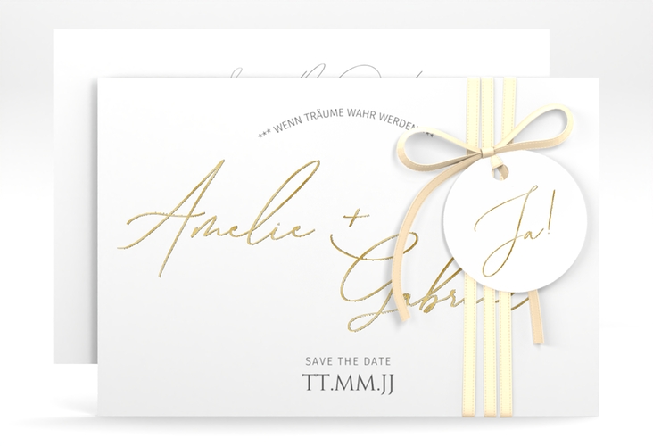 Save the Date-Karte Federschrift A6 Karte quer weiss gold in schlichtem Design mit Kalligrafie