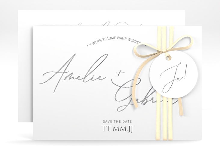 Save the Date-Karte Federschrift A6 Karte quer weiss silber in schlichtem Design mit Kalligrafie