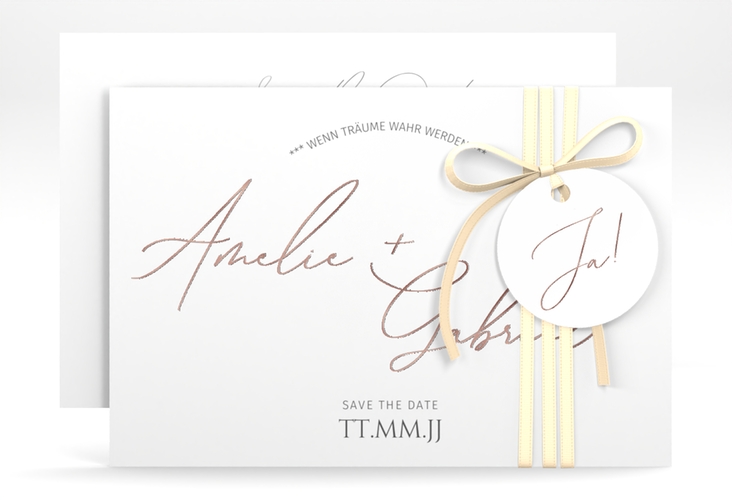 Save the Date-Karte Federschrift A6 Karte quer weiss rosegold in schlichtem Design mit Kalligrafie