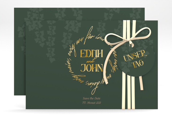 Save the Date-Karte Efeugrün A6 Karte quer gruen gold im Fantasy-Elfen-Design mit Efeu