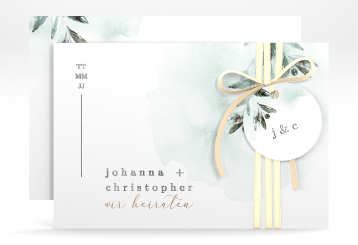 Save the Date-Karte Mediterran A6 Karte quer gruen silber mit Lorbeerzweig in Aquarell