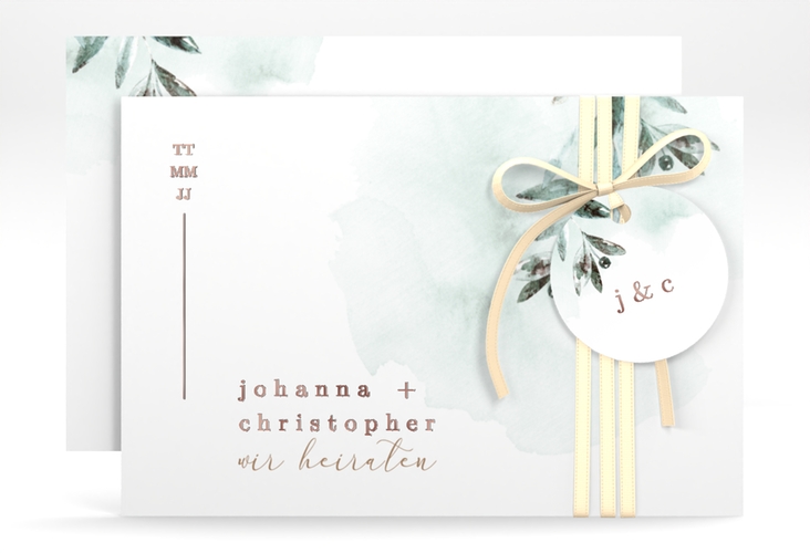 Save the Date-Karte Mediterran A6 Karte quer gruen rosegold mit Lorbeerzweig in Aquarell