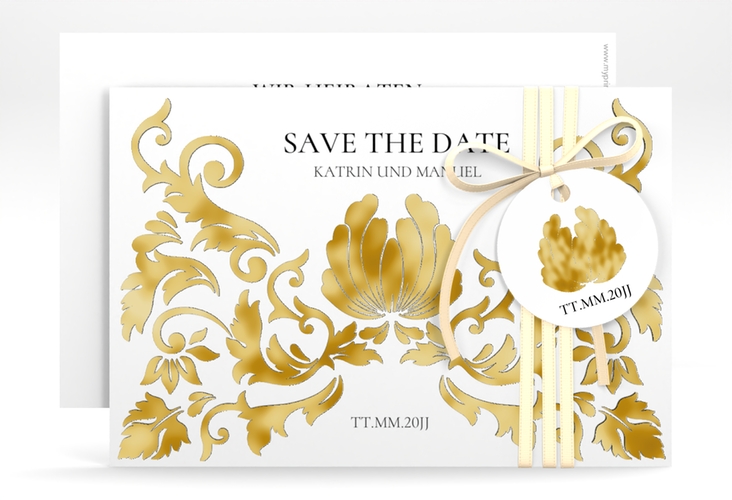 Save the Date-Karte Royal A6 Karte quer weiss gold mit barockem Blumen-Ornament