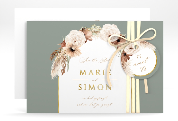 Save the Date-Karte Blumenbogen A6 Karte quer gruen gold
