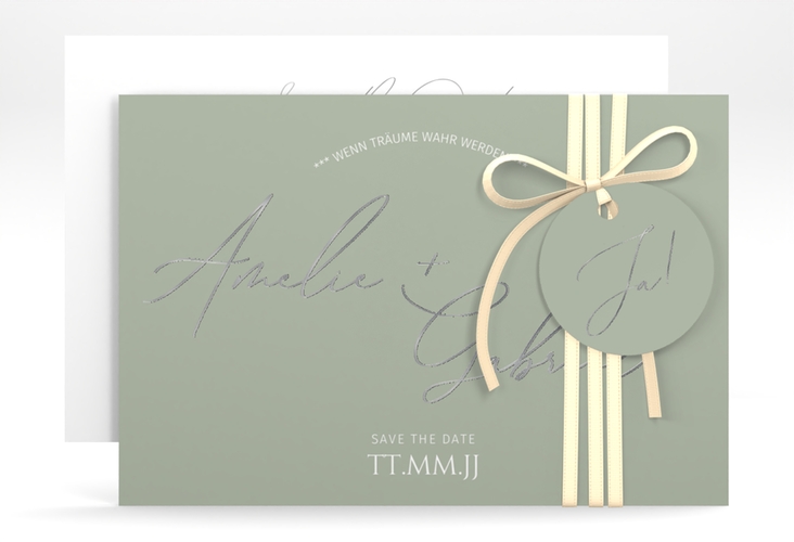 Save the Date-Karte Federschrift A6 Karte quer gruen silber in schlichtem Design mit Kalligrafie