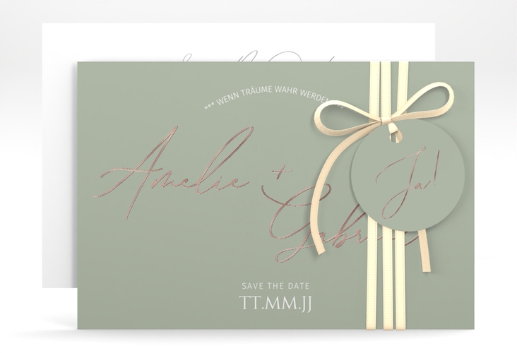 Save the Date-Karte Federschrift A6 Karte quer gruen rosegold in schlichtem Design mit Kalligrafie