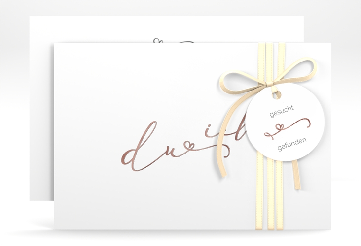 Save the Date-Karte Zweisamkeit A6 Karte quer weiss rosegold im minimalistischen Stil mit Aufschrift du & ich